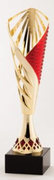 Elegant Gold And Red Plastic Cup Cut Out On Genuine Black Marble Base