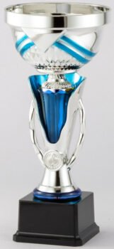 Elegant Blue and Silver Cup on Black Finish Base.